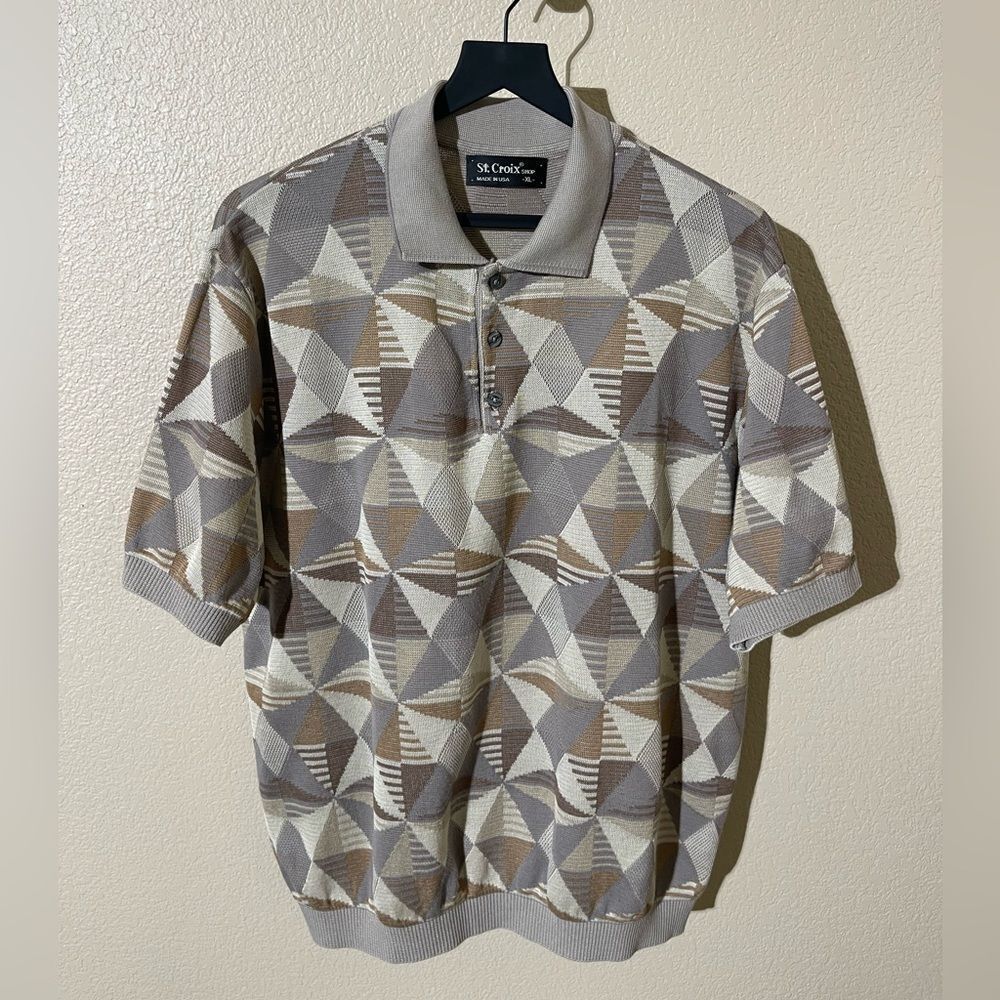 St. Croix Men's Geometric Pattern Polo Shirt - Gray and Brown